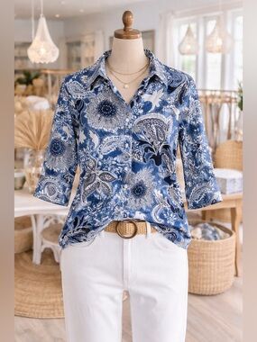 Coldwater Creek Button Front Blouse LP Blue Paisley Coastal Resort Cruise Wear